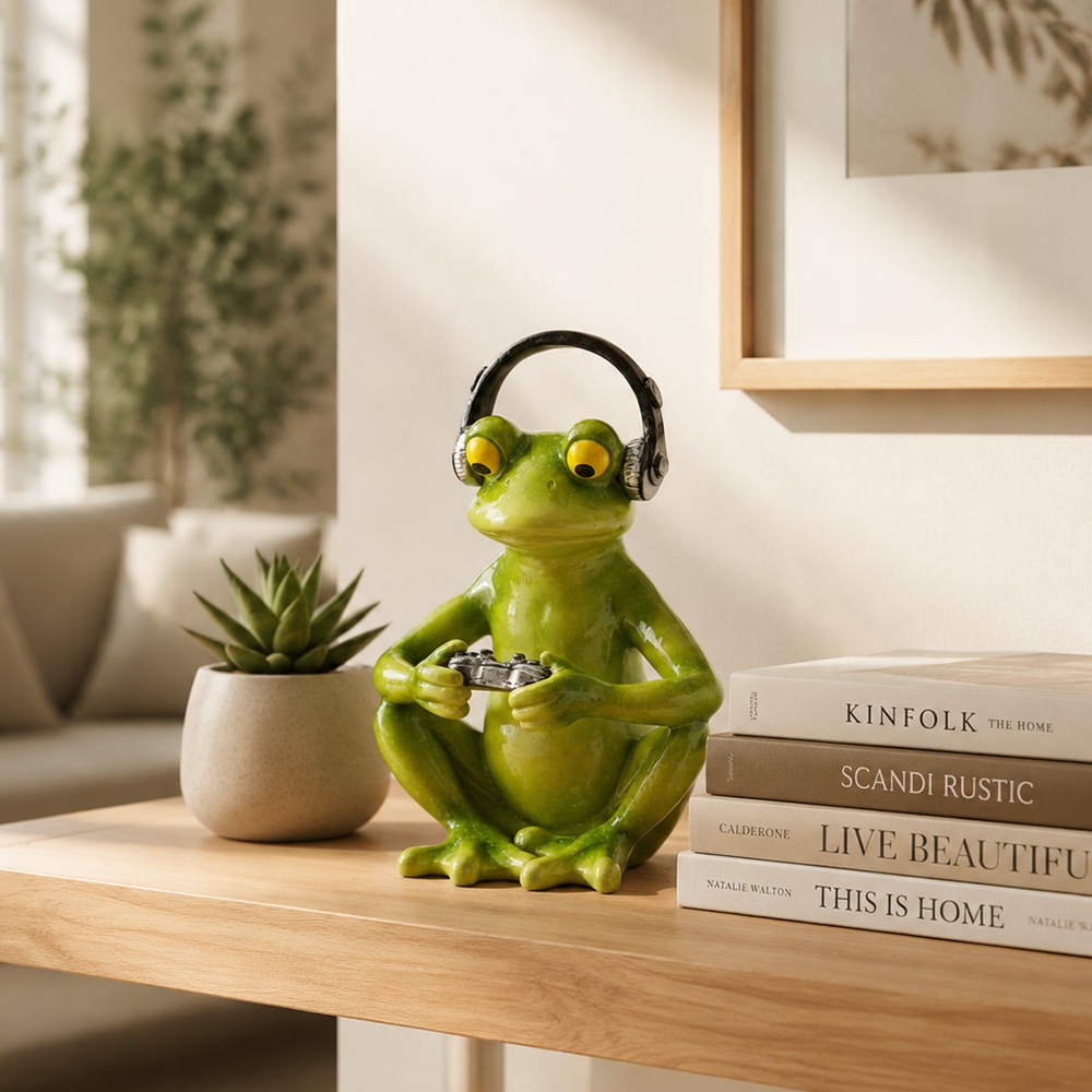 Desk Setup Headphones - Funny Gaming Frog Statue with Headphones