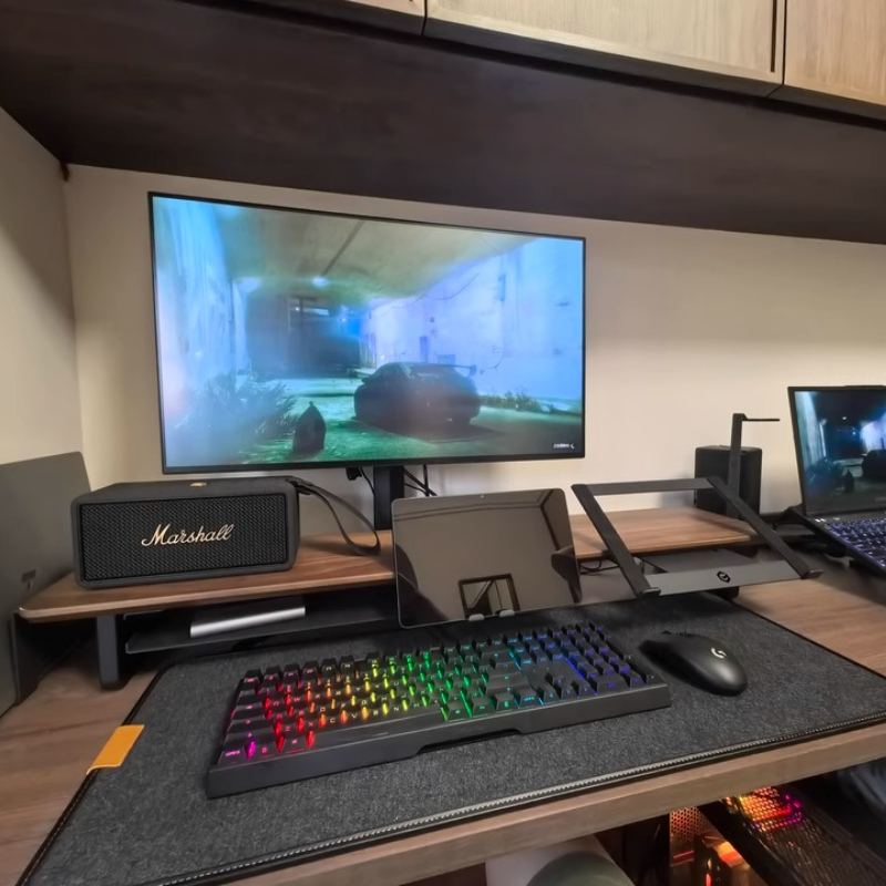Desk Setup Black And Wood - Modular Monitor Riser Stand Ergonomic Desk