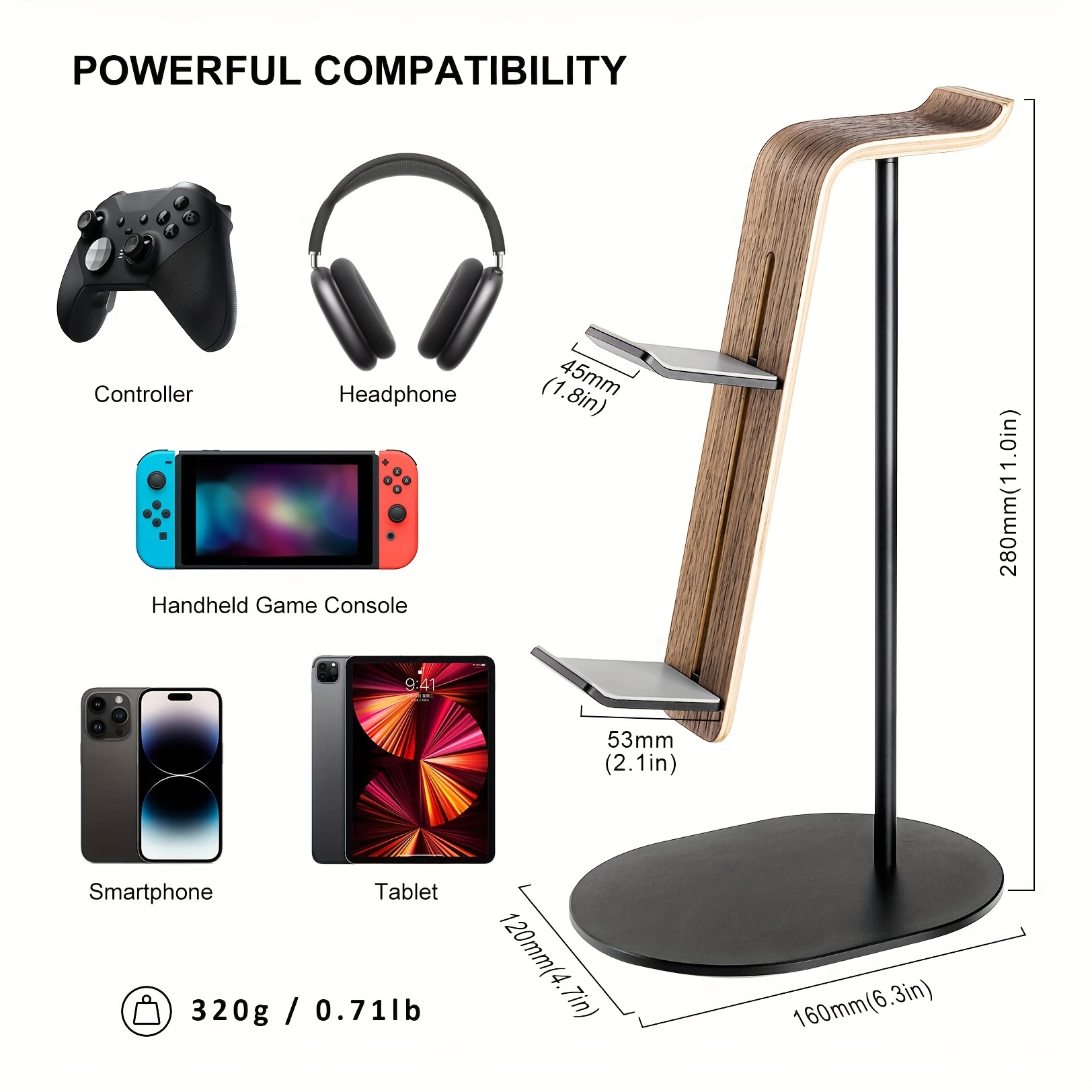 Gaming Setup Desk - Wooden Controller & Headset Holder, Universal