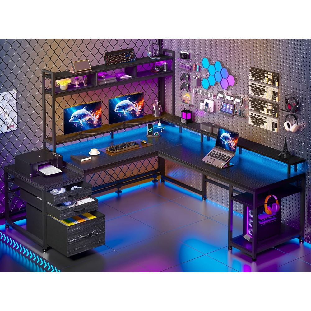 64x59 Dual-User L-Shaped Gamin - Desk Setup Black And Wood 评论和价格