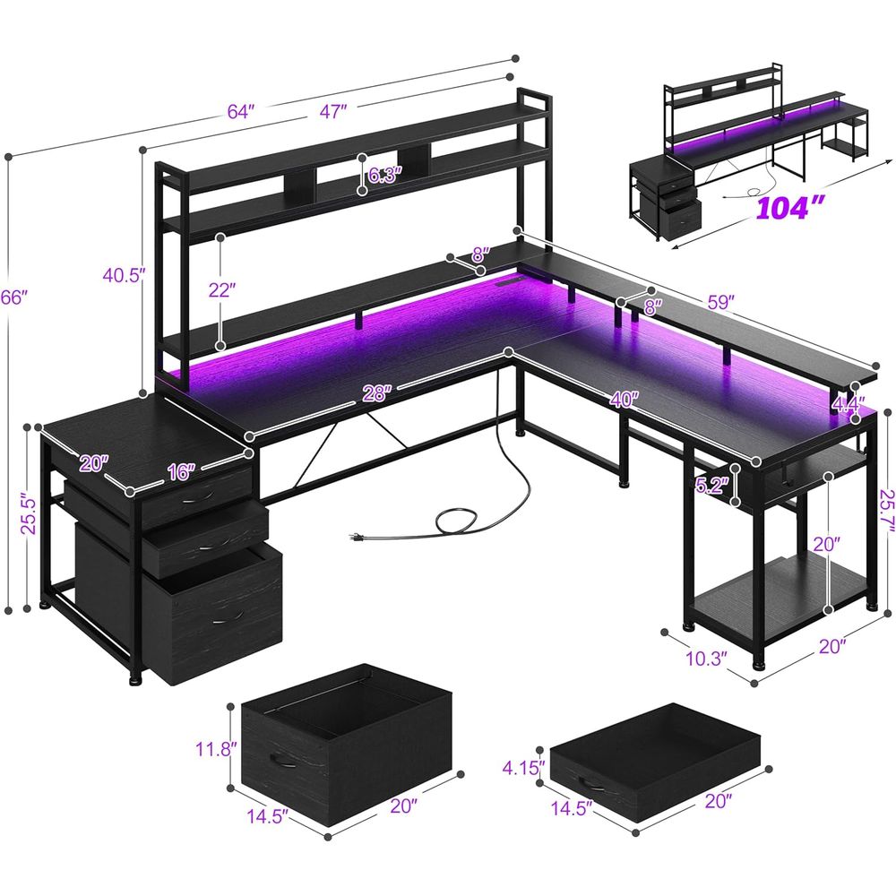 64x59 Dual-User L-Shaped Gamin - Desk Setup Black And Wood 评论和价格