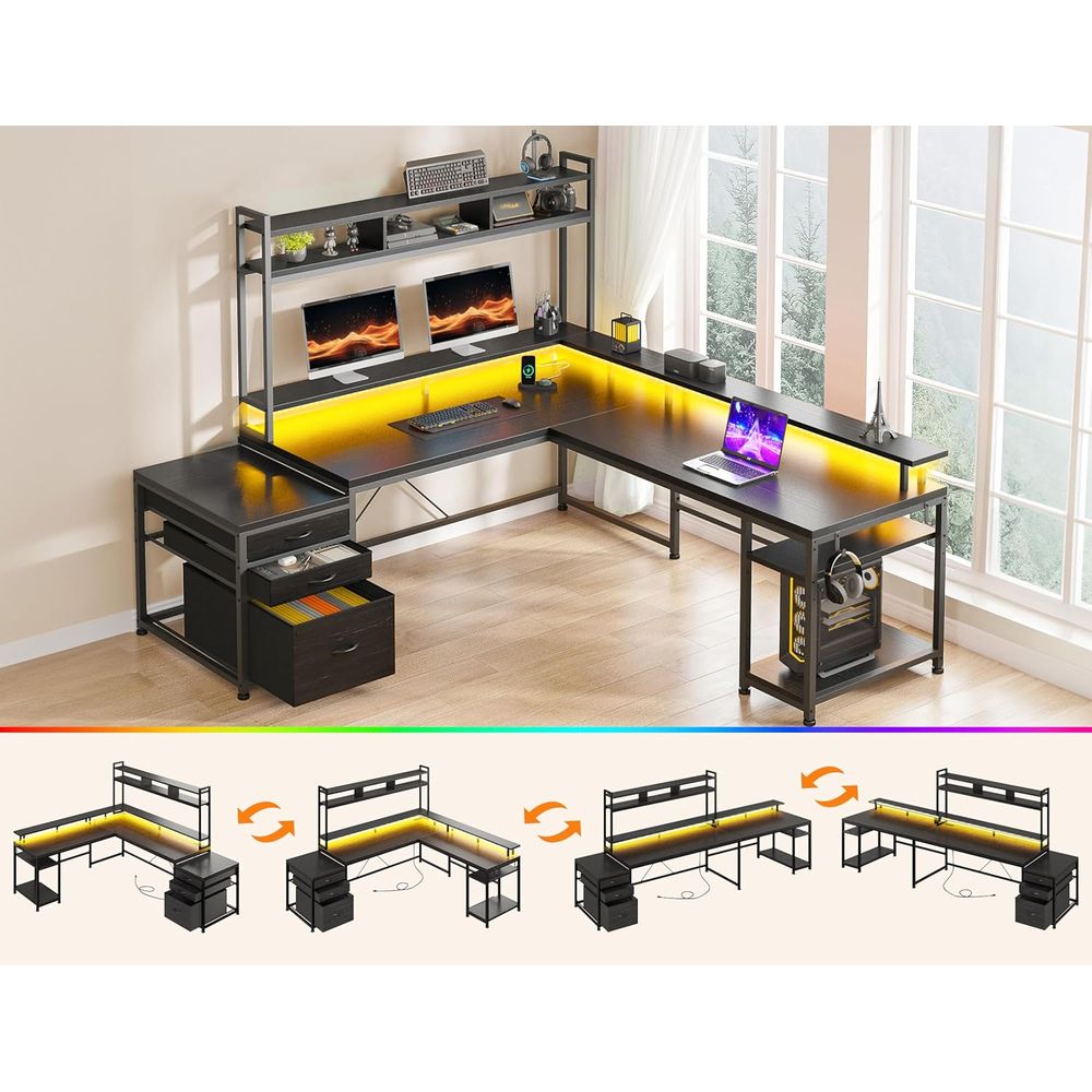 64x59 Dual-User L-Shaped Gamin - Desk Setup Black And Wood 评论和价格