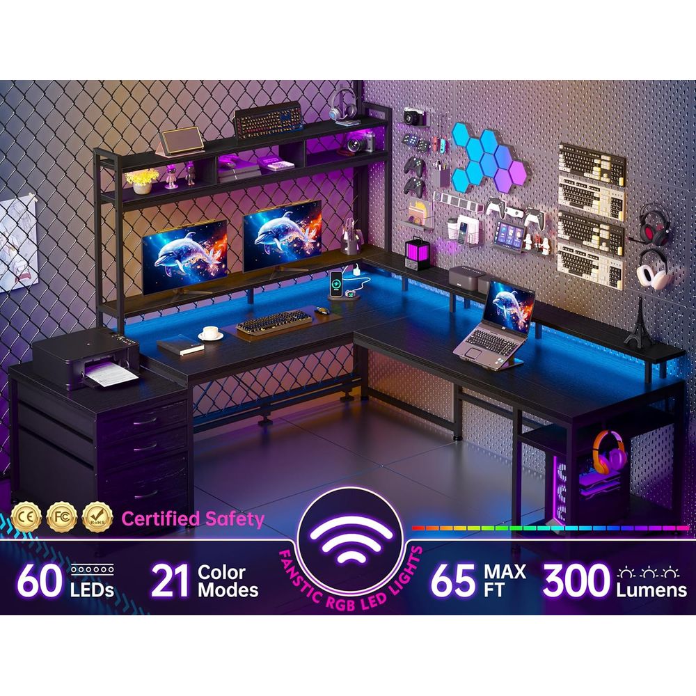 64x59 Dual-User L-Shaped Gamin - Desk Setup Black And Wood 评论和价格
