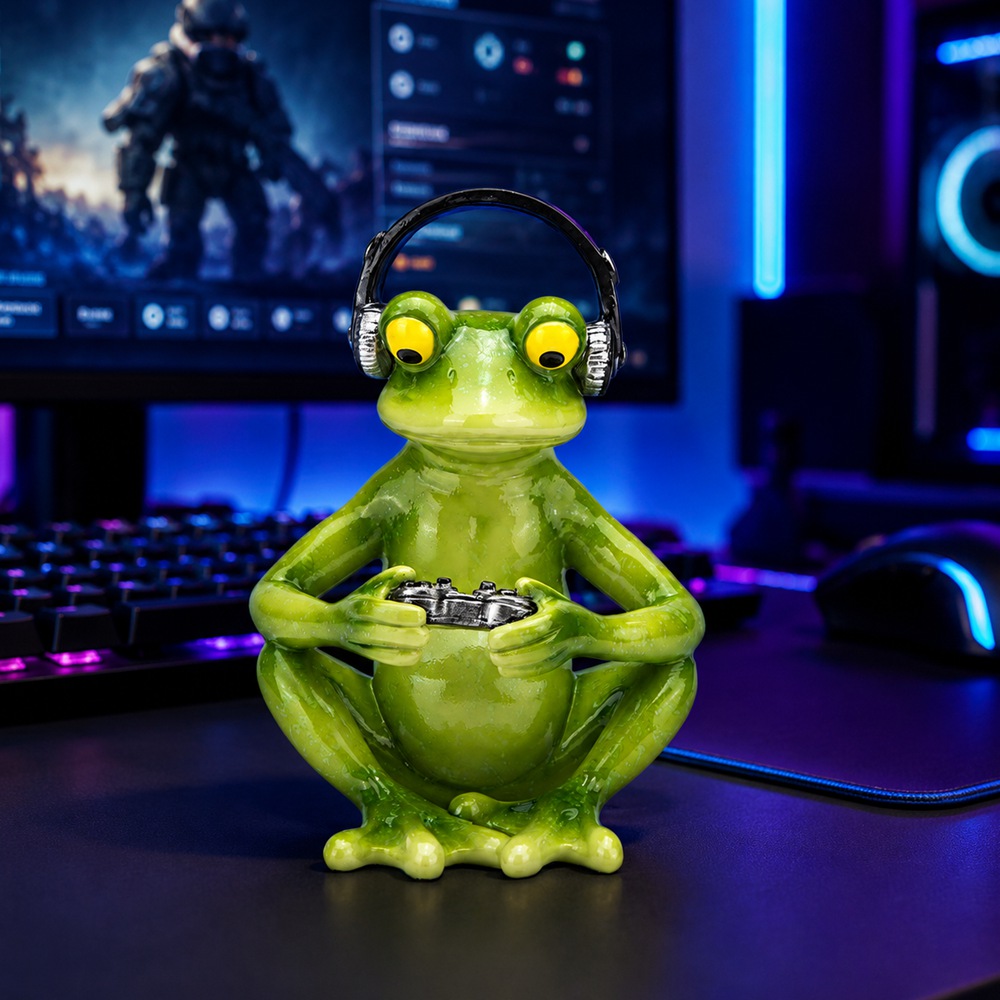 Funny Gaming Frog Statue with  - Desk Setup Headphones 评论和价格